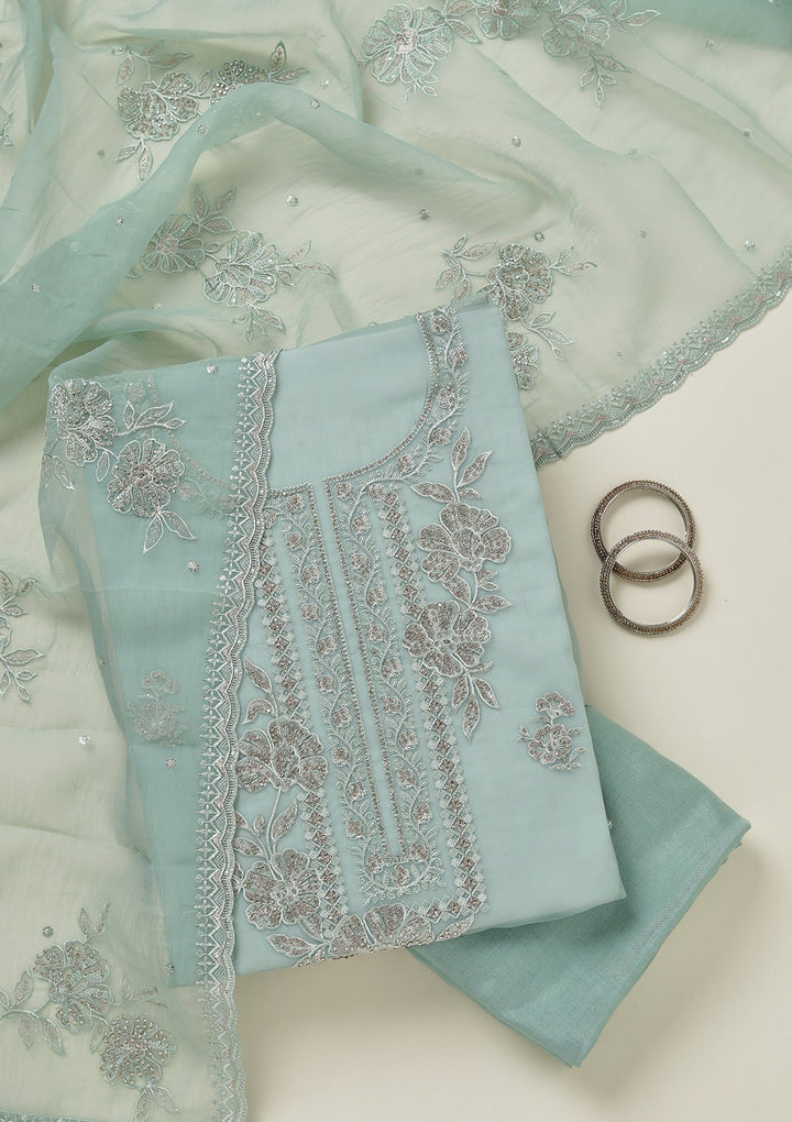 Sea Green Threadwork Tissue Unstitched Salwar Suit-koskii