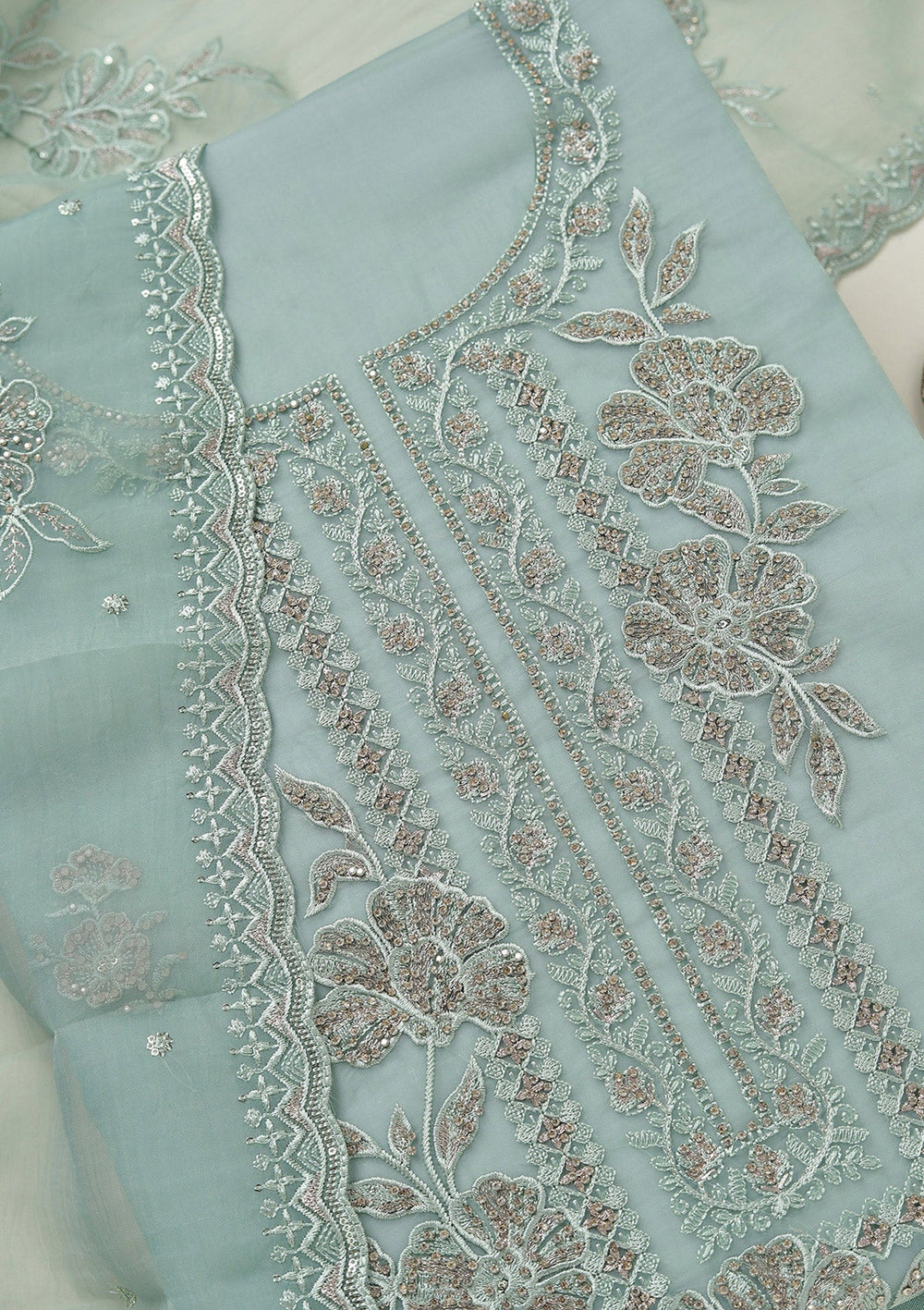 Sea Green Threadwork Tissue Unstitched Salwar Suit-koskii