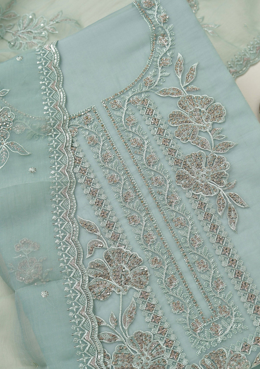 Sea Green Threadwork Tissue Unstitched Salwar Suit-koskii