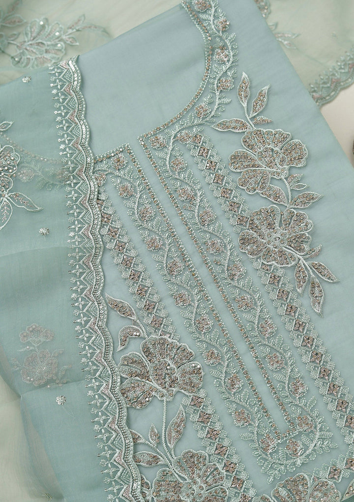 Sea Green Threadwork Tissue Unstitched Salwar Suit-koskii