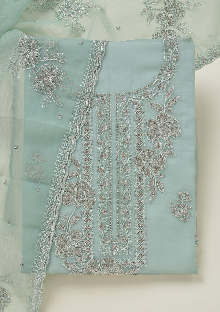 Sea Green Threadwork Tissue Unstitched Salwar Suit-koskii