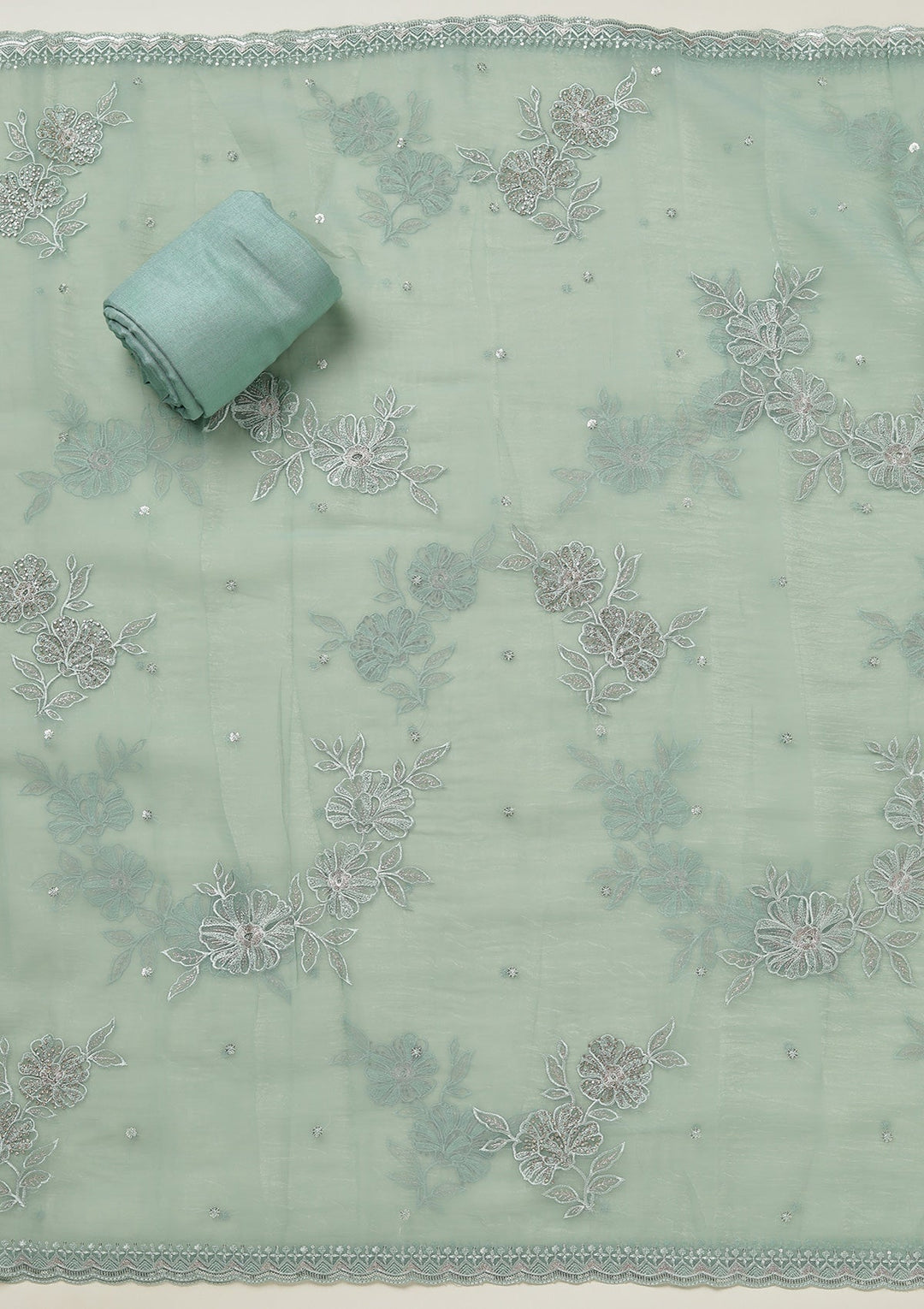 Sea Green Threadwork Tissue Unstitched Salwar Suit-koskii