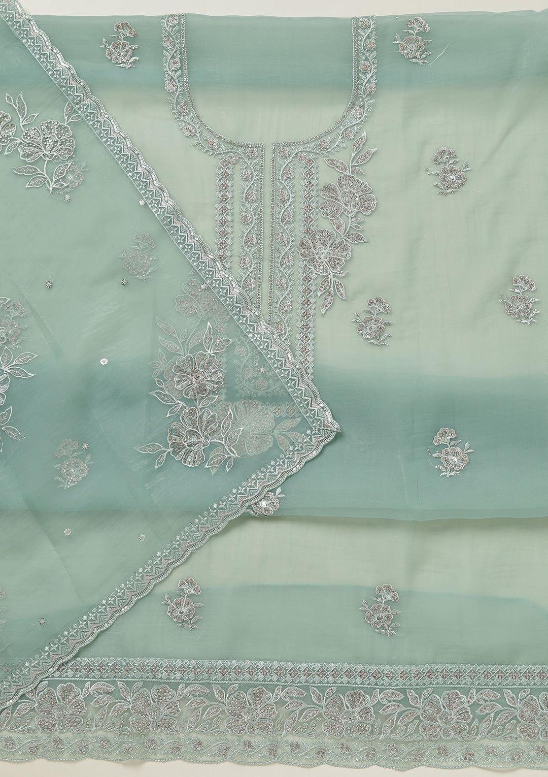 Sea Green Threadwork Tissue Unstitched Salwar Suit-koskii