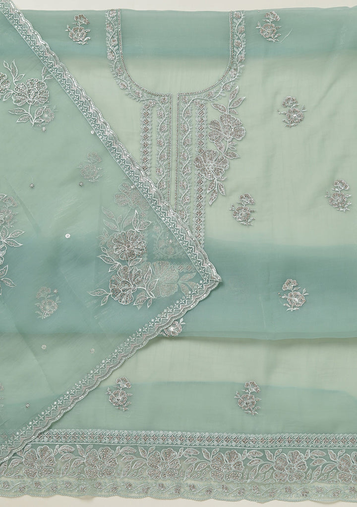 Sea Green Threadwork Tissue Unstitched Salwar Suit-koskii