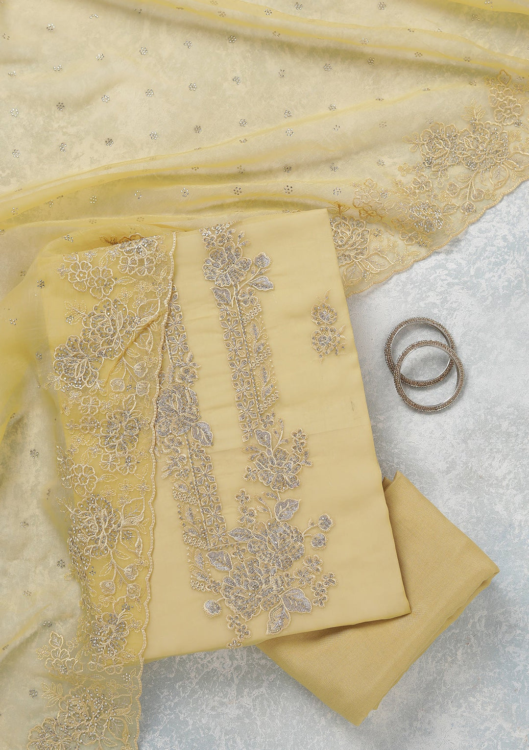 Yellow Threadwork Tissue Unstitched Salwar Suit-koskii