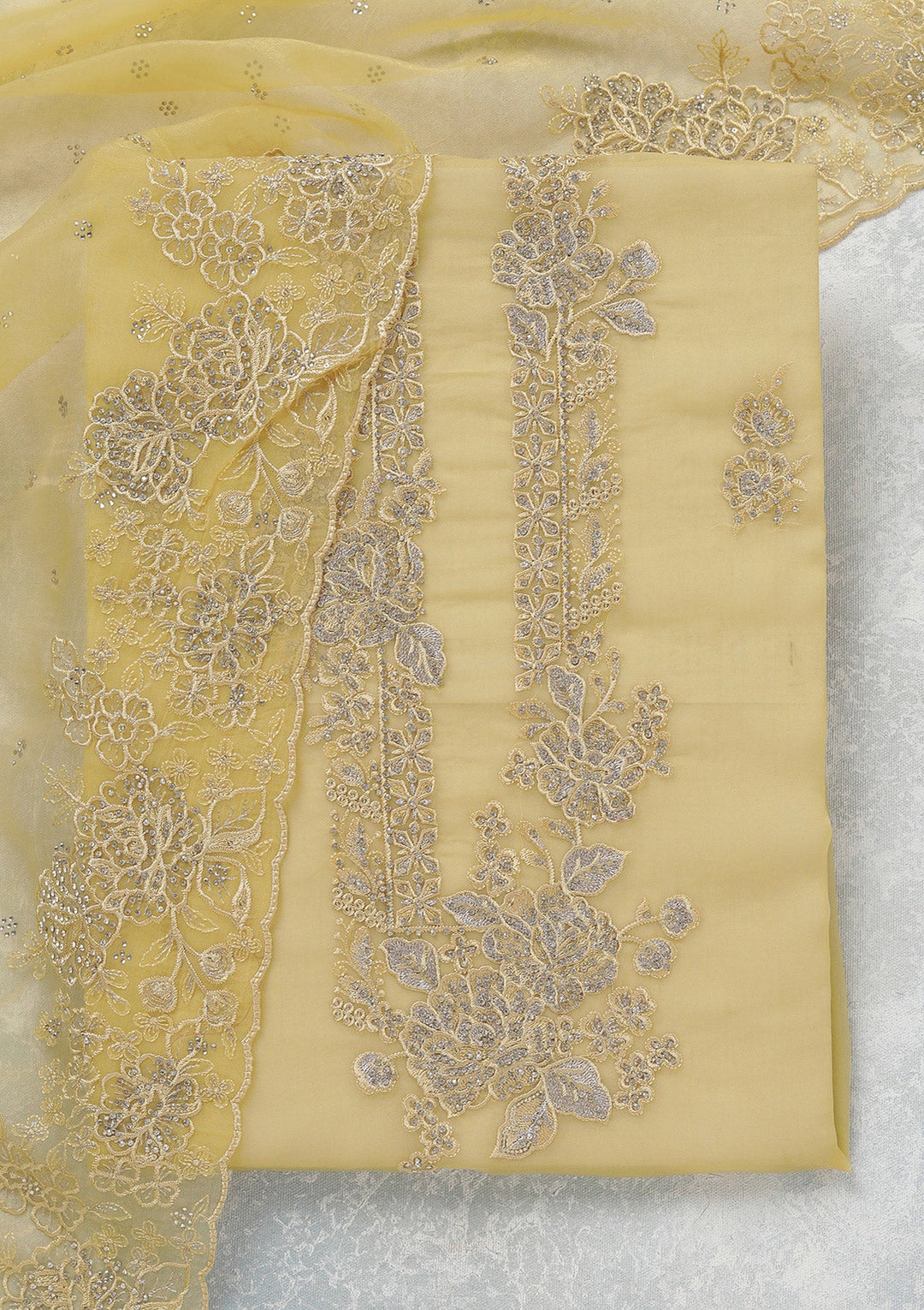 Yellow Threadwork Tissue Unstitched Salwar Suit-koskii