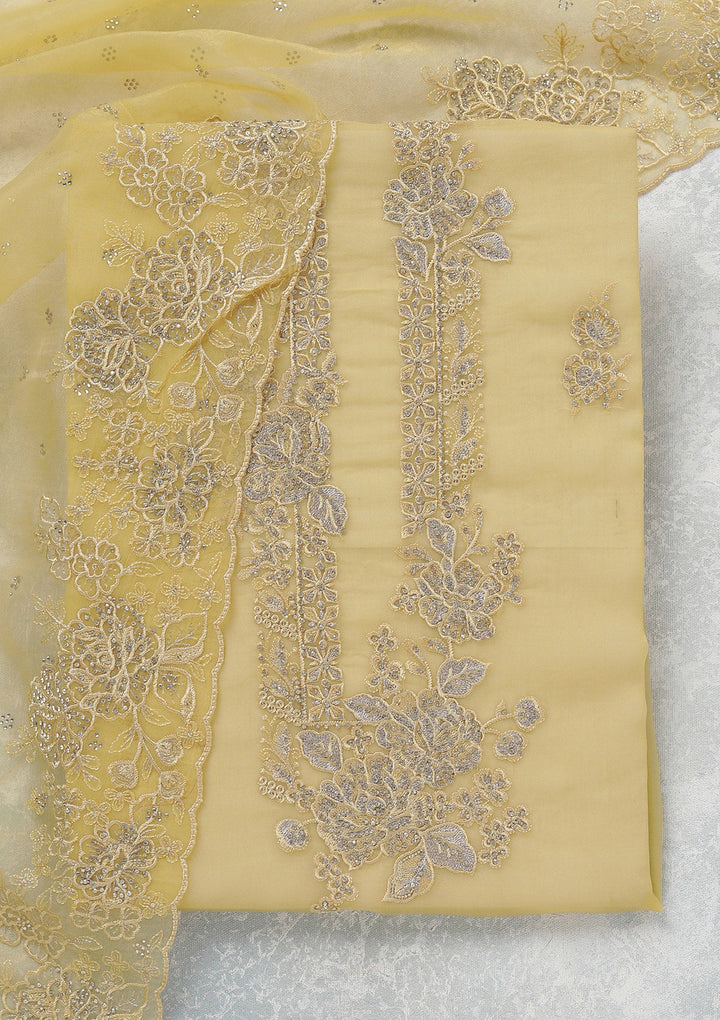 Yellow Threadwork Tissue Unstitched Salwar Suit-koskii