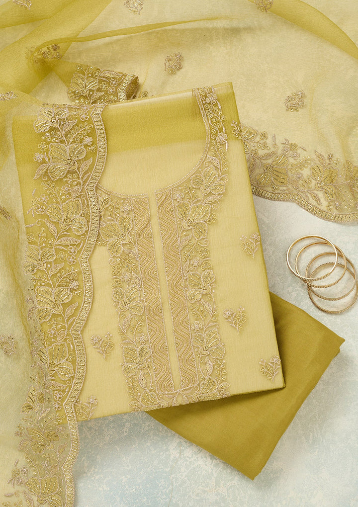 Mehendi Threadwork Tissue Unstitched Salwar Suit