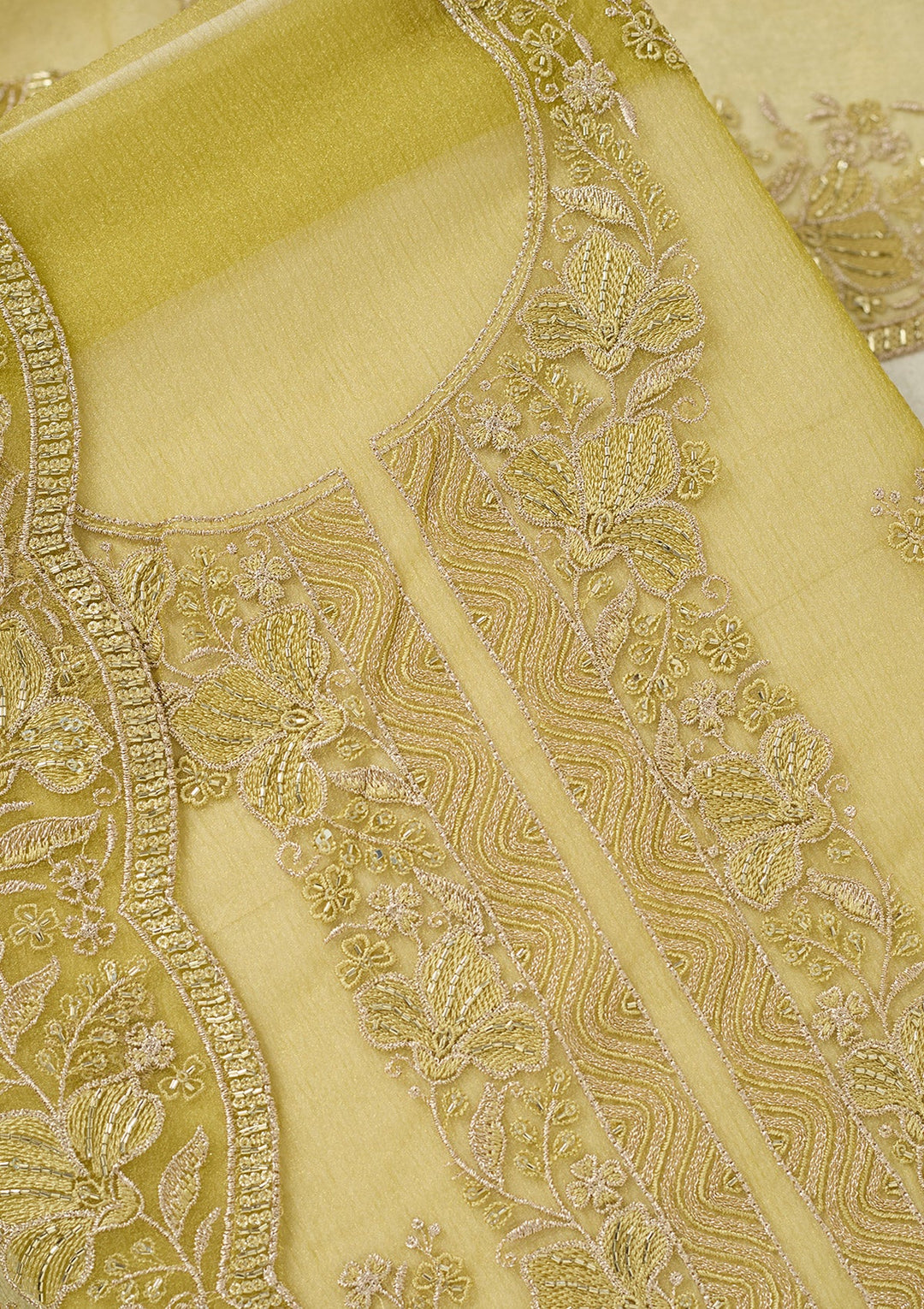 Mehendi Threadwork Tissue Unstitched Salwar Suit