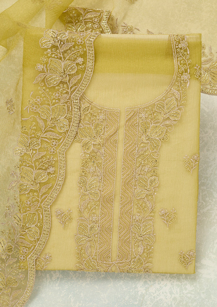 Mehendi Threadwork Tissue Unstitched Salwar Suit