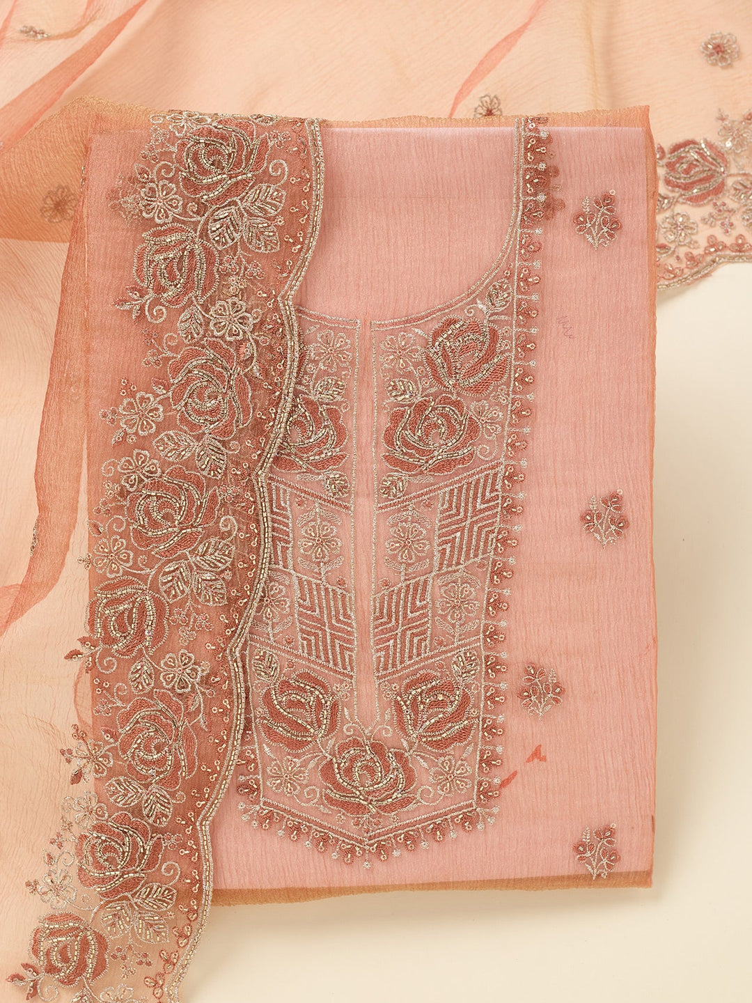 Rust Threadwork Tissue Unstitched Salwar Suit