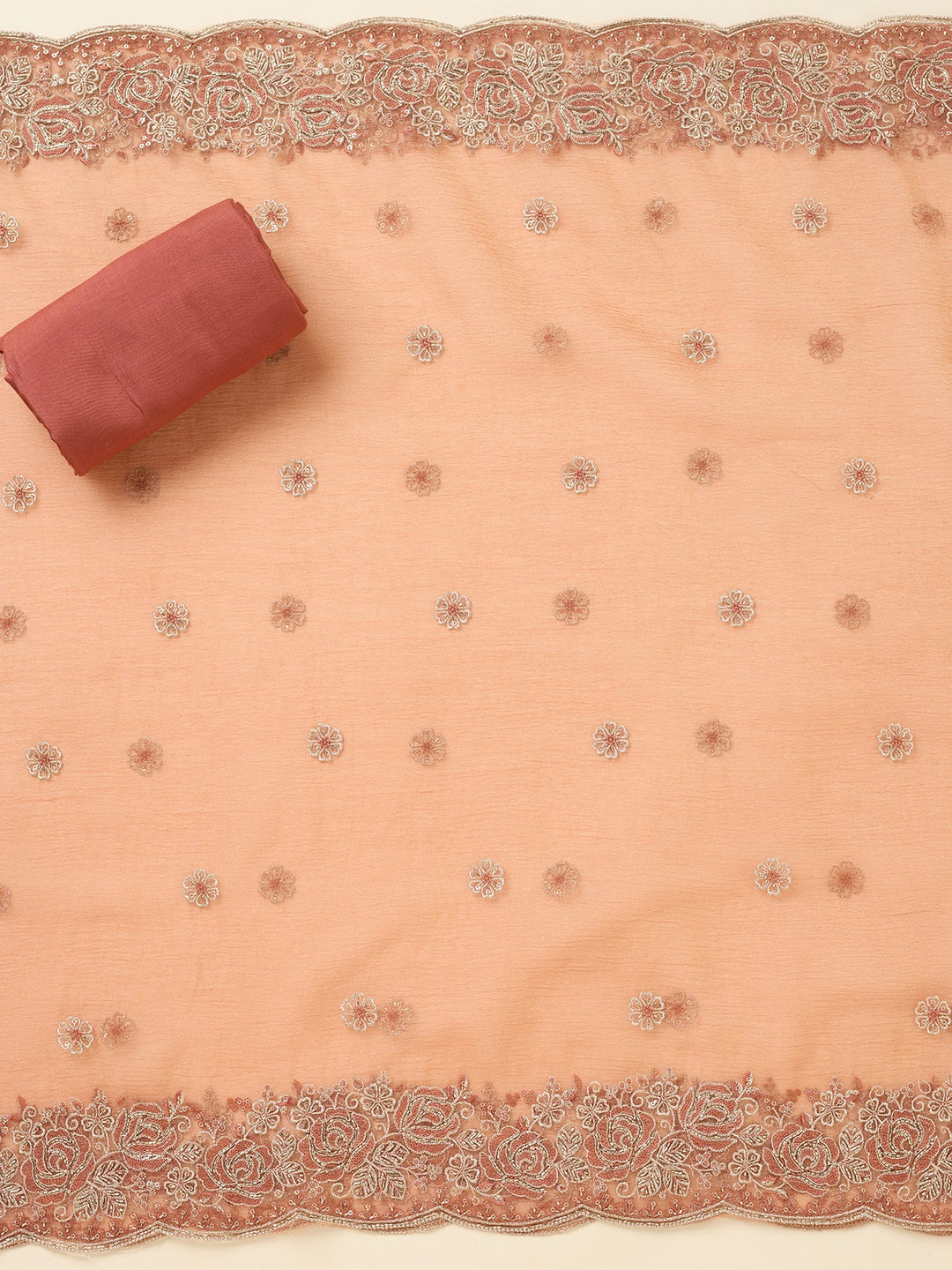 Rust Threadwork Tissue Unstitched Salwar Suit