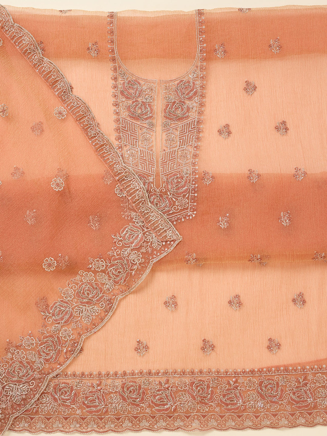 Rust Threadwork Tissue Unstitched Salwar Suit