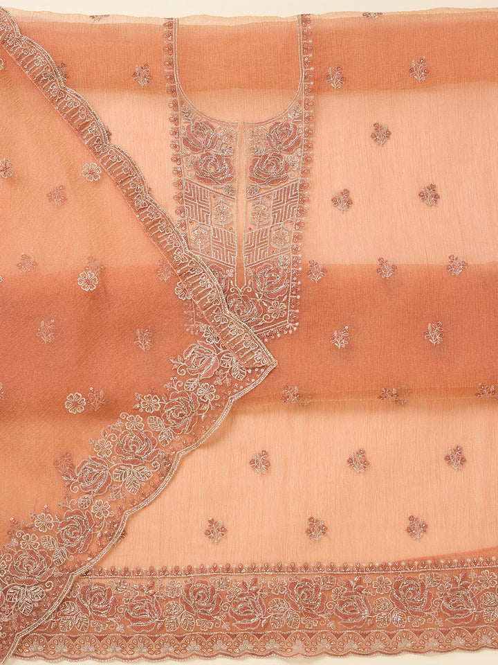 Rust Threadwork Tissue Unstitched Salwar Suit
