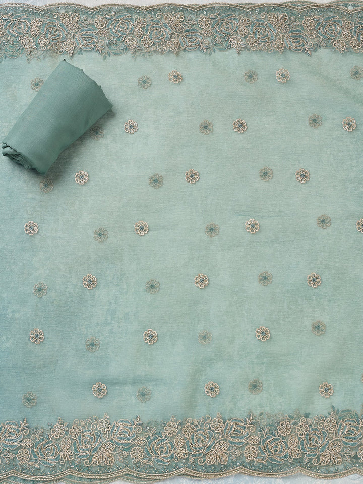 Sky Blue Threadwork Tissue Unstitched Salwar Suit