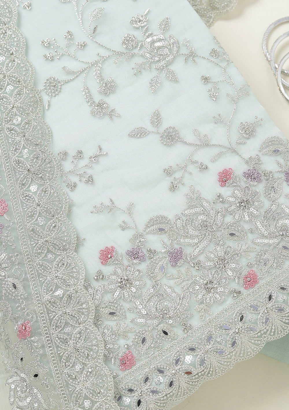 Pista Green Threadwork Tissue Unstitched Salwar Suit-koskii