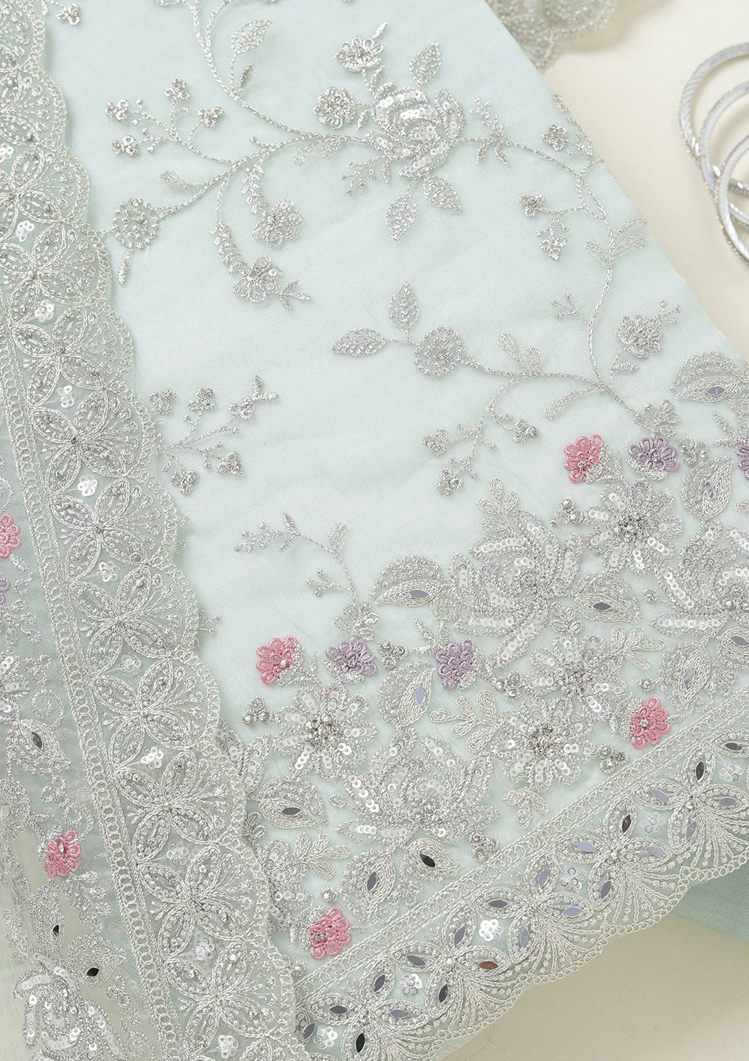 Pista Green Threadwork Tissue Unstitched Salwar Suit-koskii