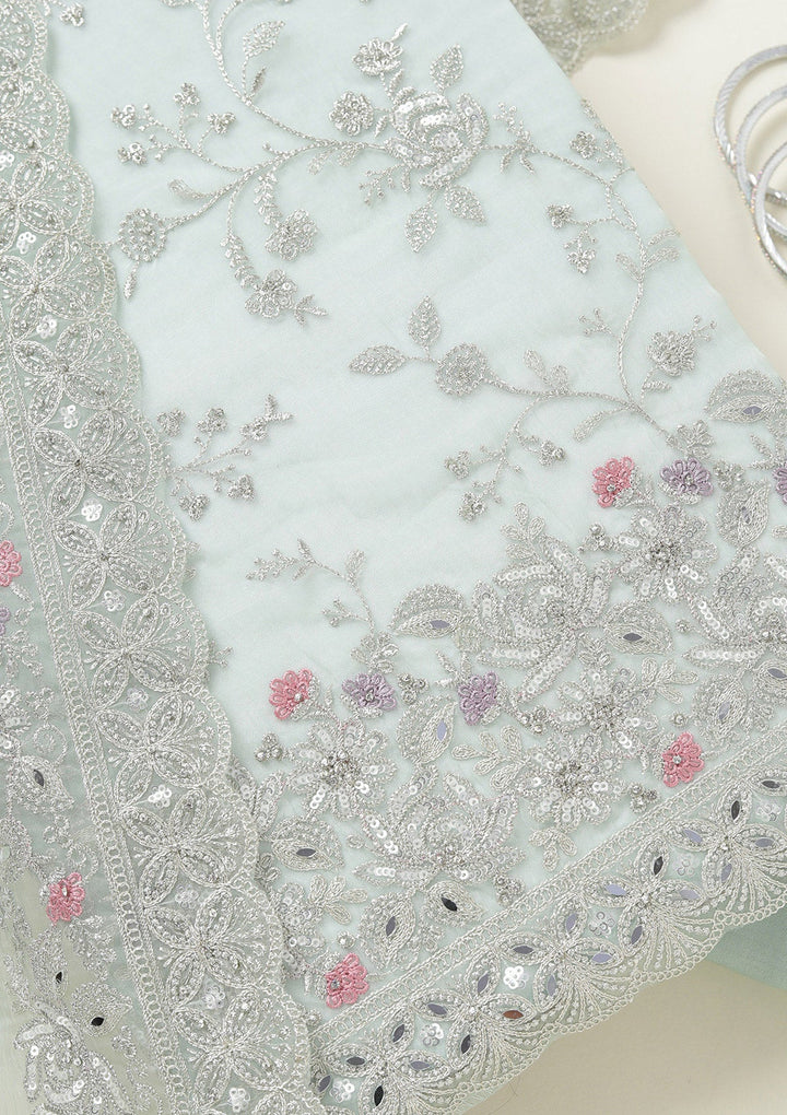 Pista Green Threadwork Tissue Unstitched Salwar Suit-koskii