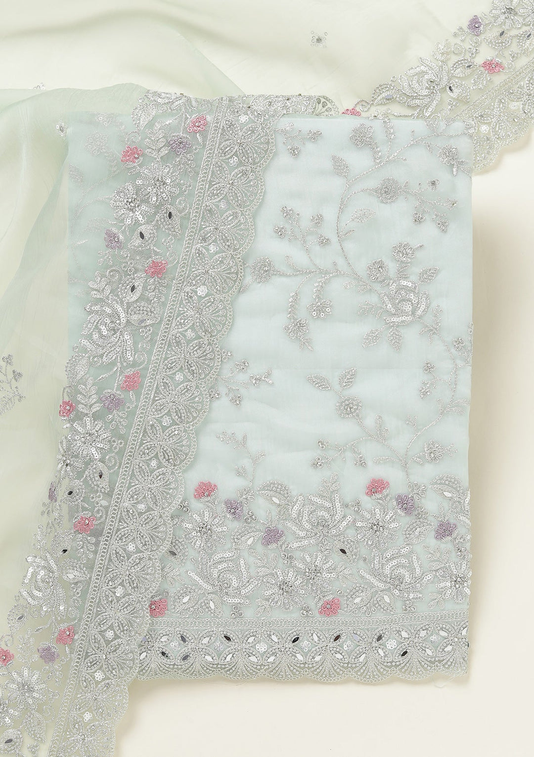 Pista Green Threadwork Tissue Unstitched Salwar Suit-koskii