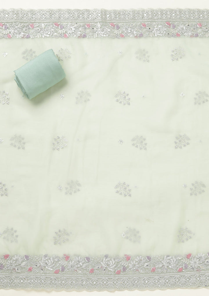 Pista Green Threadwork Tissue Unstitched Salwar Suit-koskii