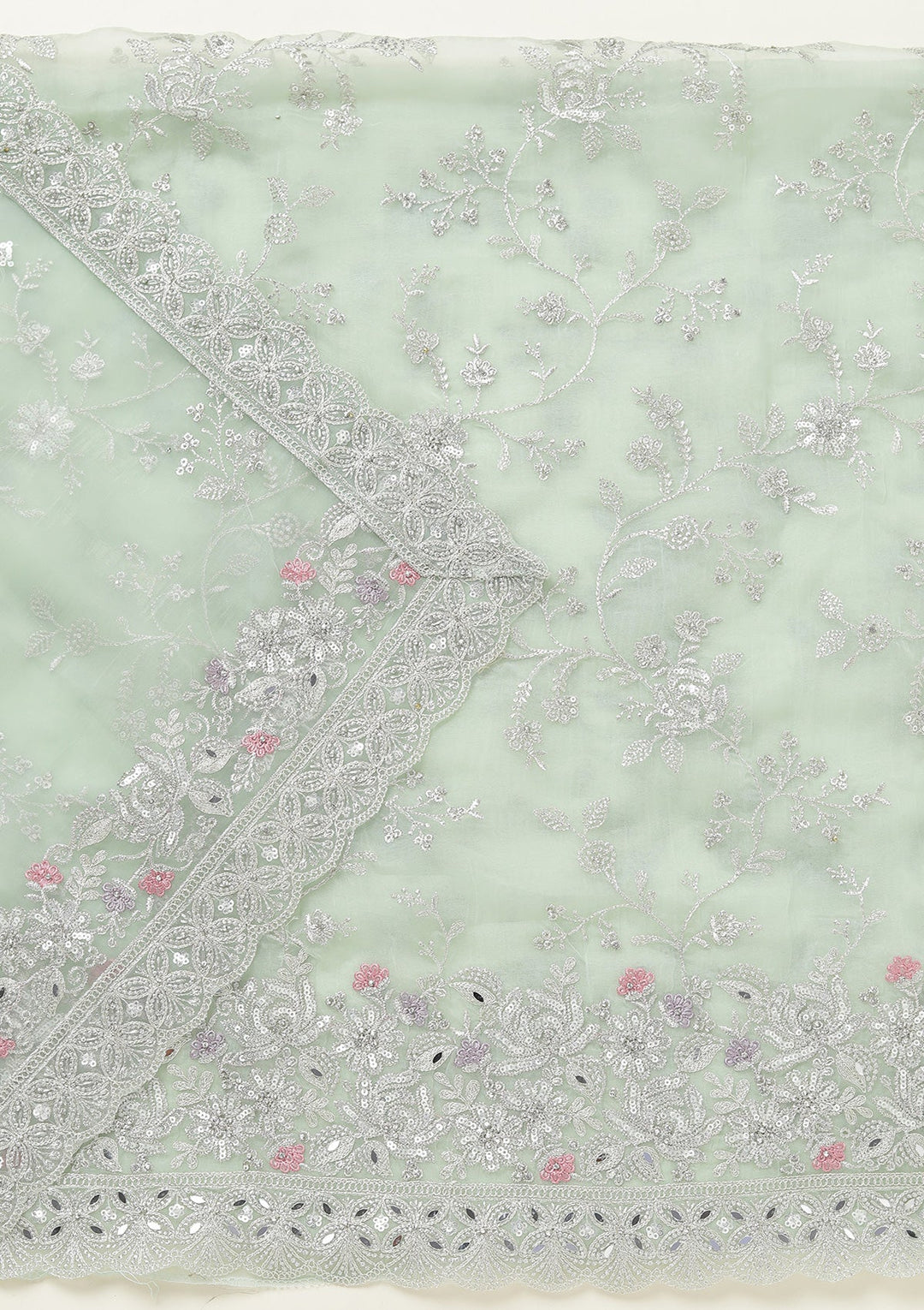 Pista Green Threadwork Tissue Unstitched Salwar Suit-koskii