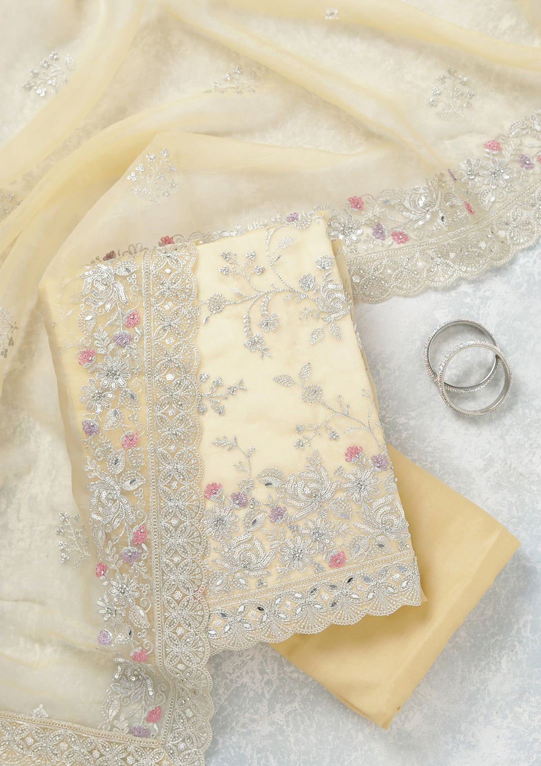 Yellow Threadwork Tissue Unstitched Salwar Suit-koskii