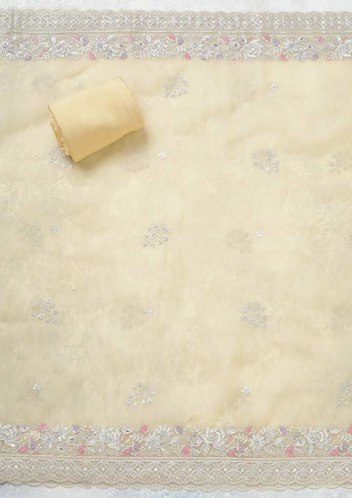 Yellow Threadwork Tissue Unstitched Salwar Suit-koskii