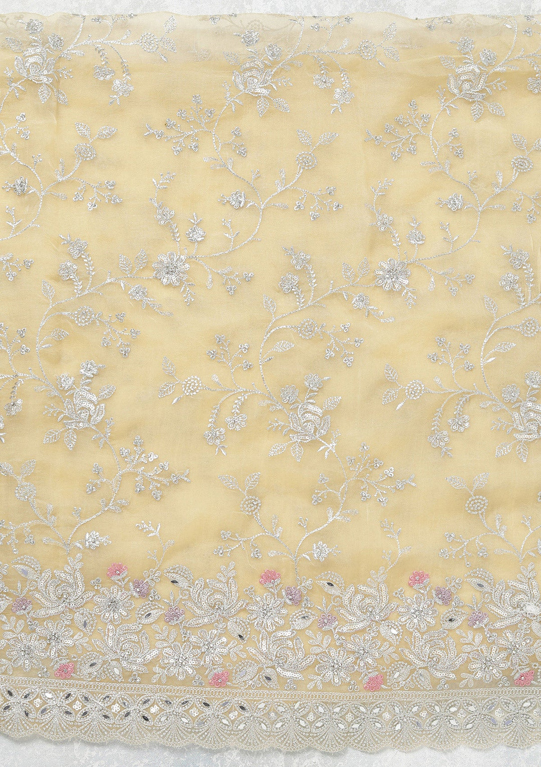 Yellow Threadwork Tissue Unstitched Salwar Suit-koskii