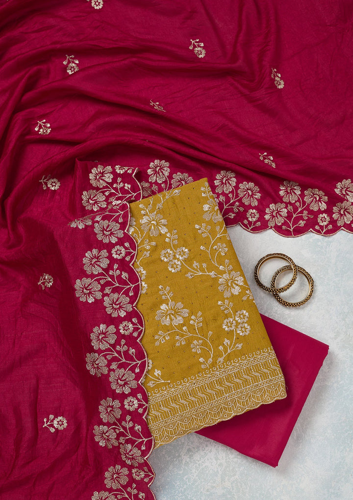 Mustard Zariwork (Gold) Soft Raw Silk Unstitched Salwar Suit-Koskii