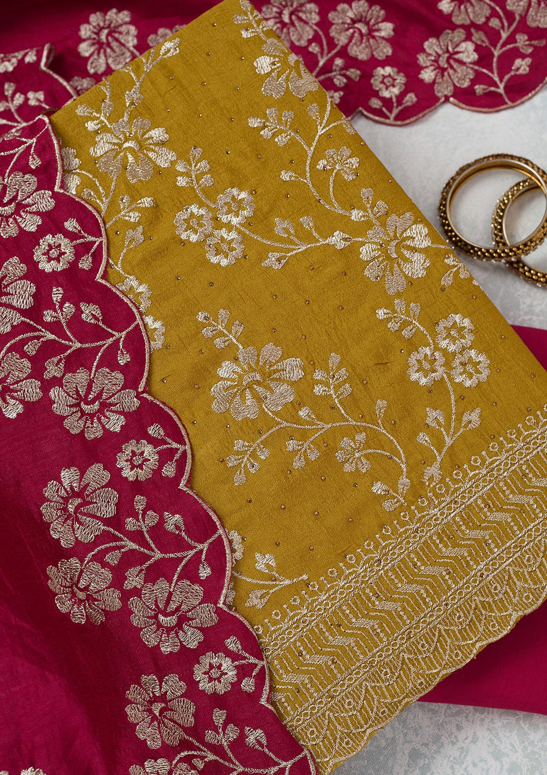 Mustard Zariwork (Gold) Soft Raw Silk Unstitched Salwar Suit-Koskii