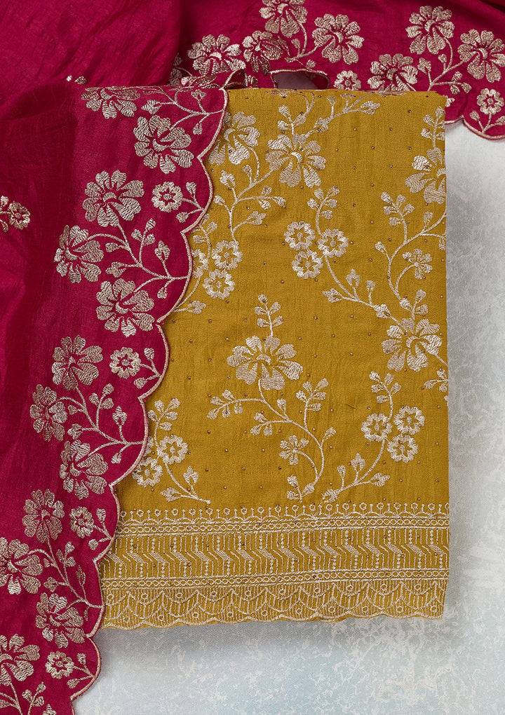 Mustard Zariwork (Gold) Soft Raw Silk Unstitched Salwar Suit-Koskii