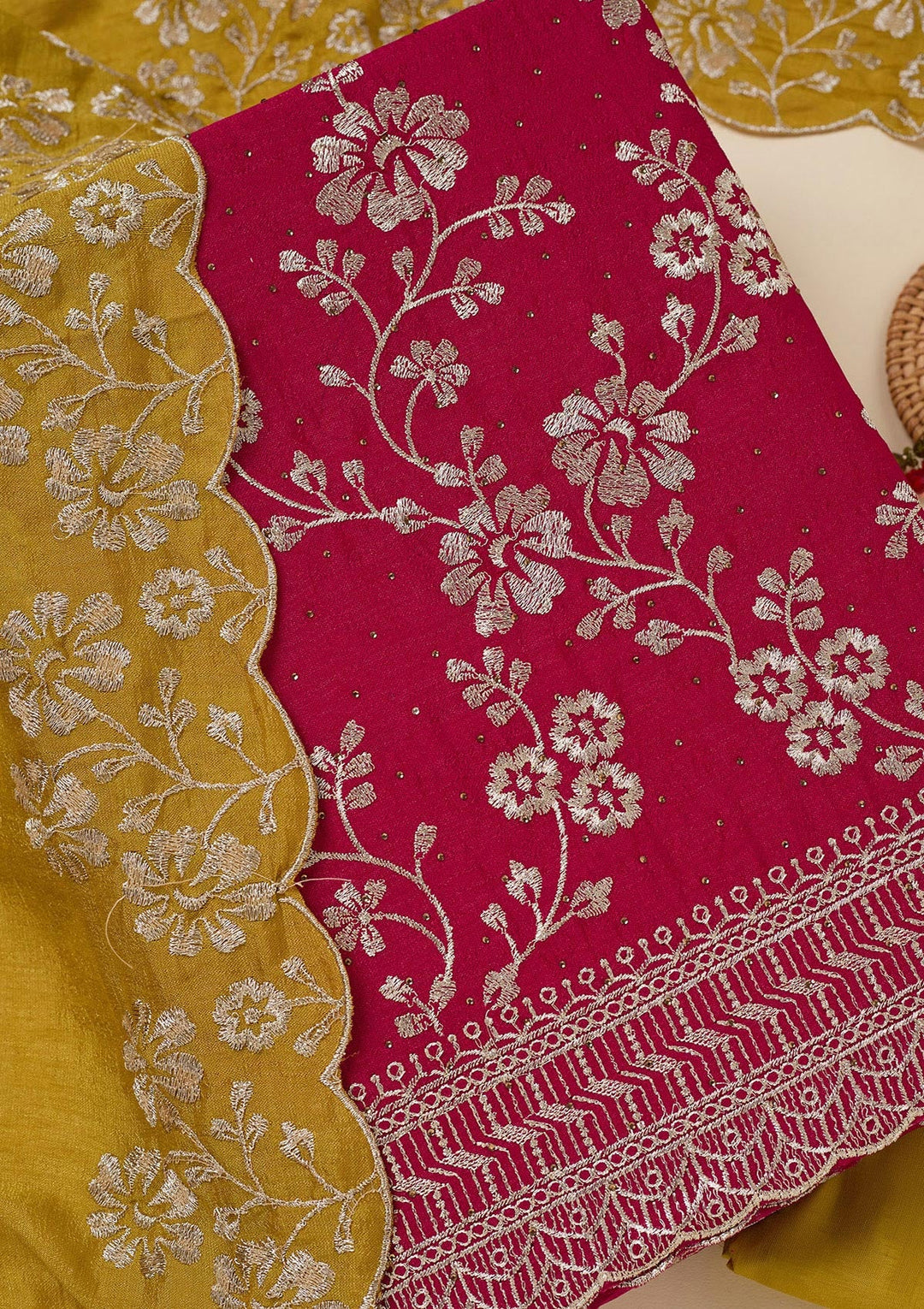 Rani Pink Zariwork (Gold) Soft Raw Silk Unstitched Salwar Suit-Koskii