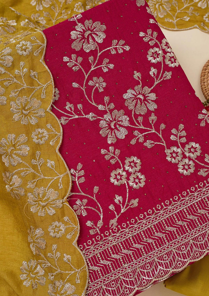 Rani Pink Zariwork (Gold) Soft Raw Silk Unstitched Salwar Suit-Koskii