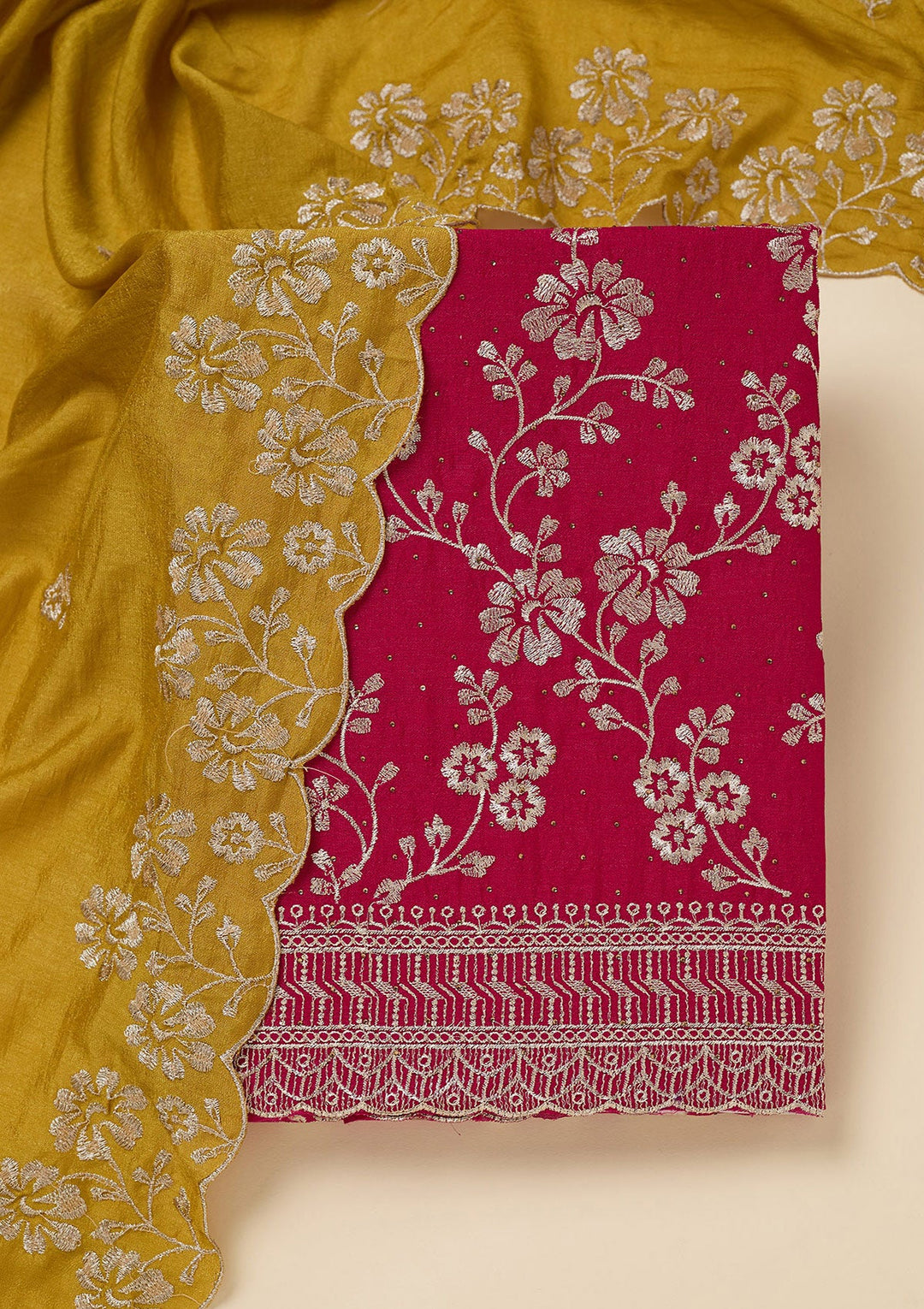 Rani Pink Zariwork (Gold) Soft Raw Silk Unstitched Salwar Suit-Koskii