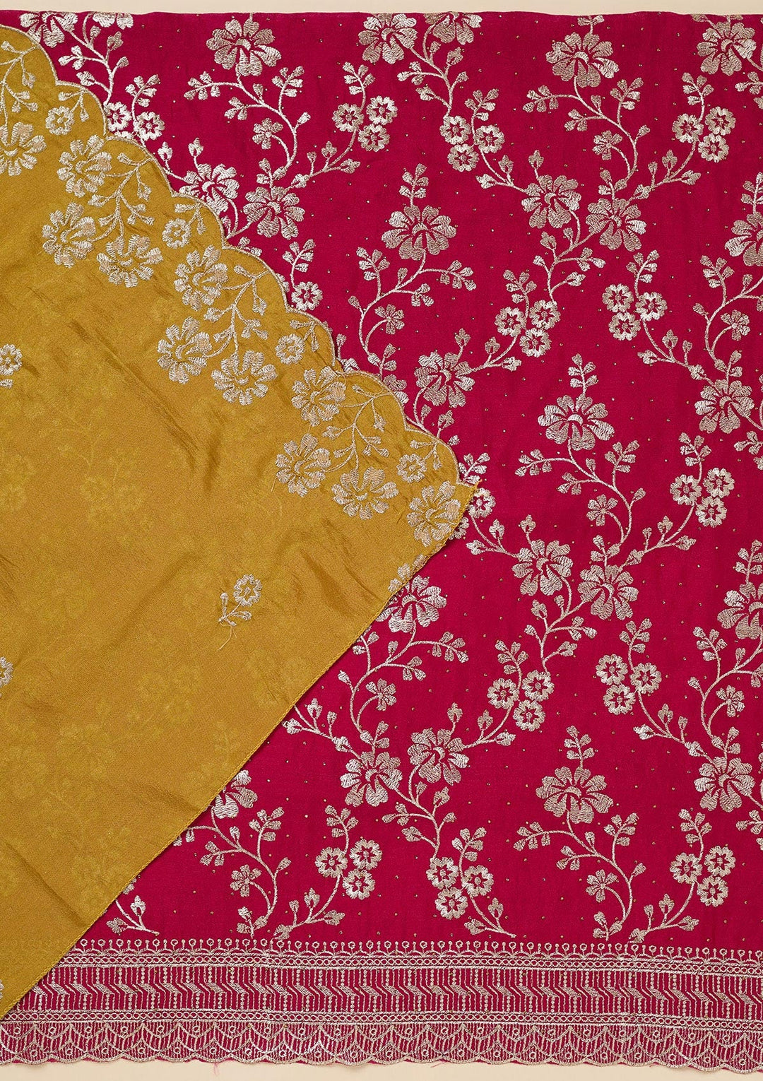 Rani Pink Zariwork (Gold) Soft Raw Silk Unstitched Salwar Suit-Koskii