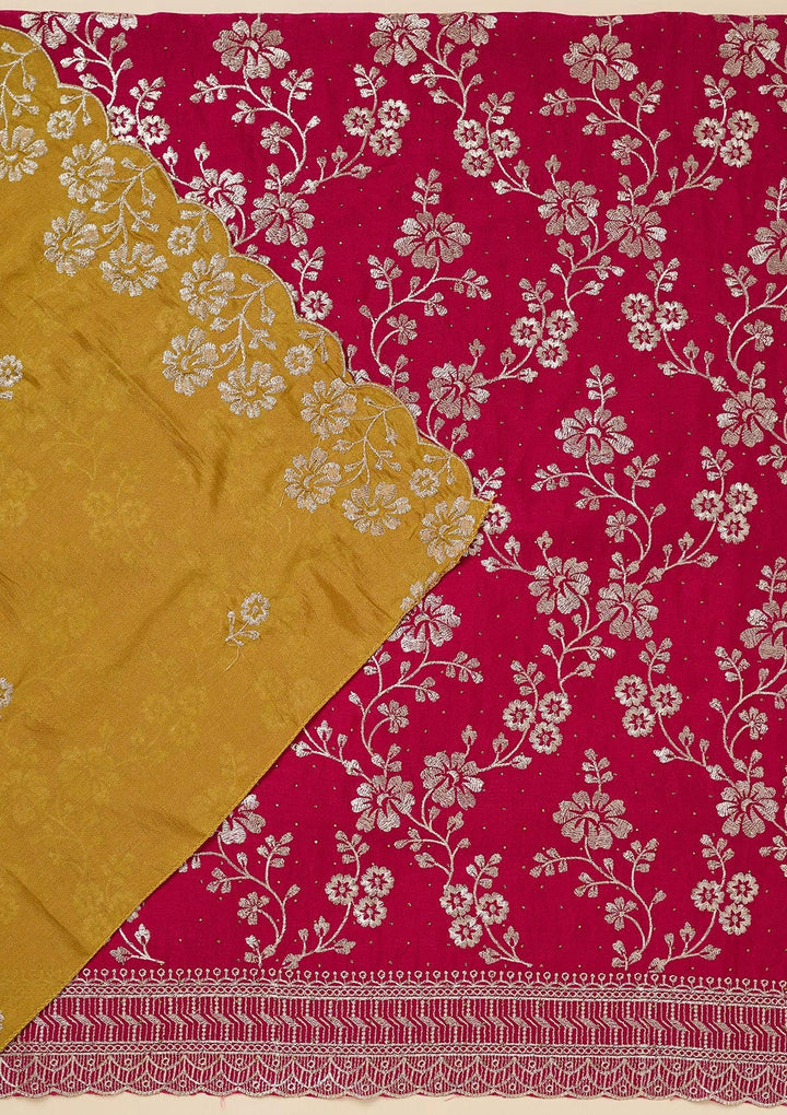 Rani Pink Zariwork (Gold) Soft Raw Silk Unstitched Salwar Suit-Koskii