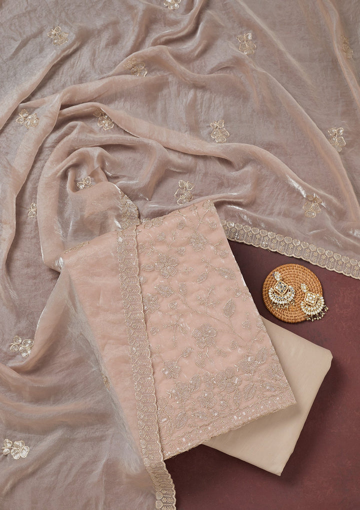 Beige Sequins Semi Crepe Unstitched Salwar Suit-Koskii