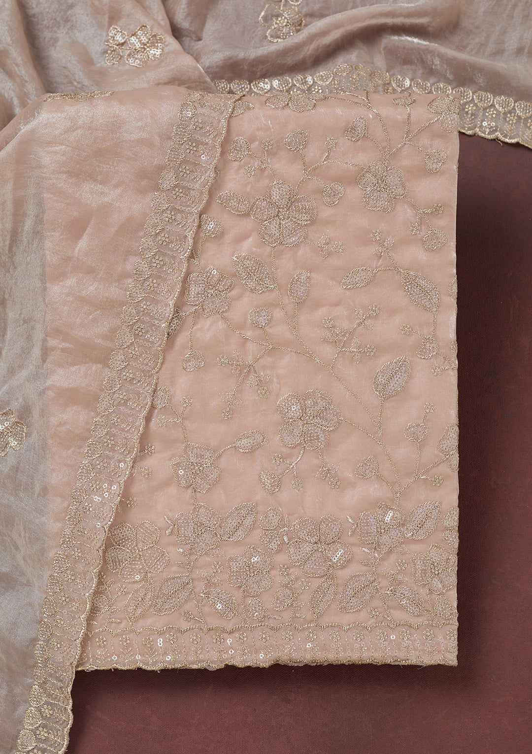 Beige Sequins Semi Crepe Unstitched Salwar Suit-Koskii