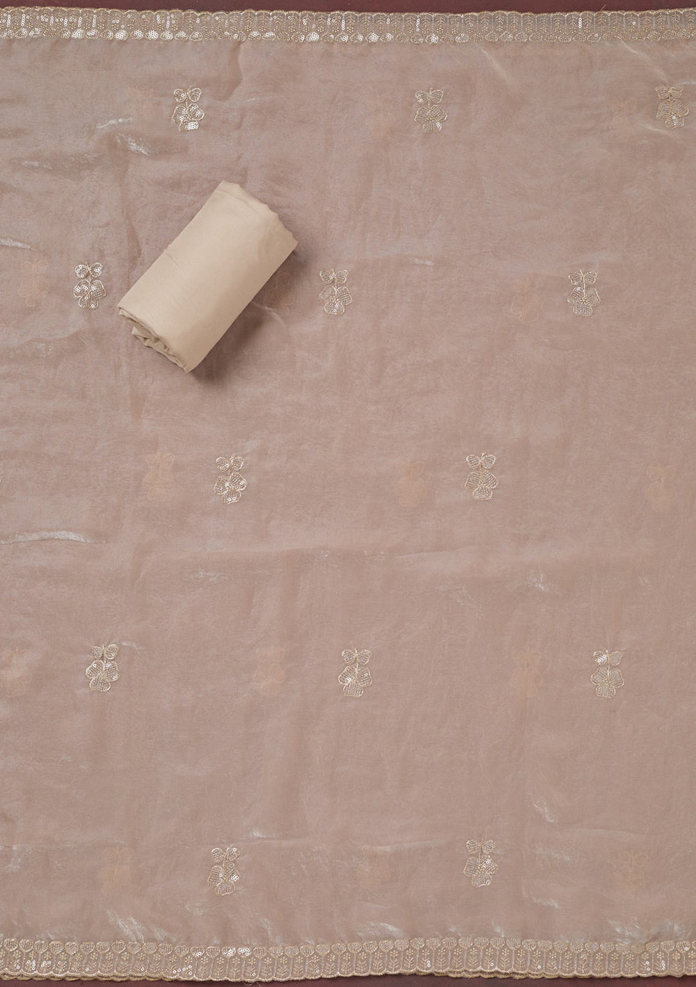 Beige Sequins Semi Crepe Unstitched Salwar Suit-Koskii