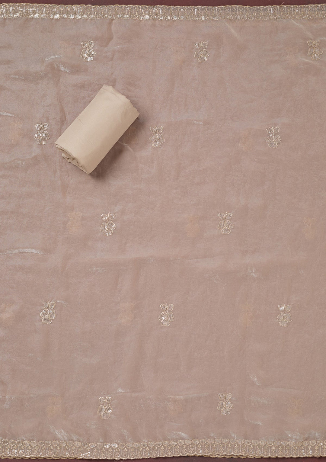 Beige Sequins Semi Crepe Unstitched Salwar Suit-Koskii