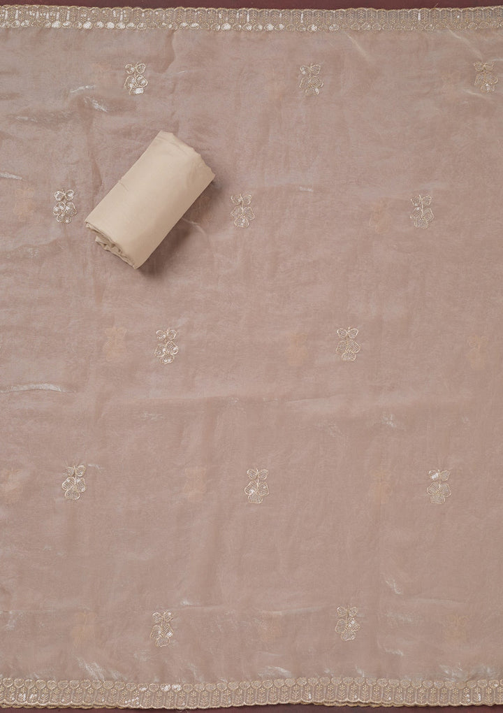 Beige Sequins Semi Crepe Unstitched Salwar Suit-Koskii
