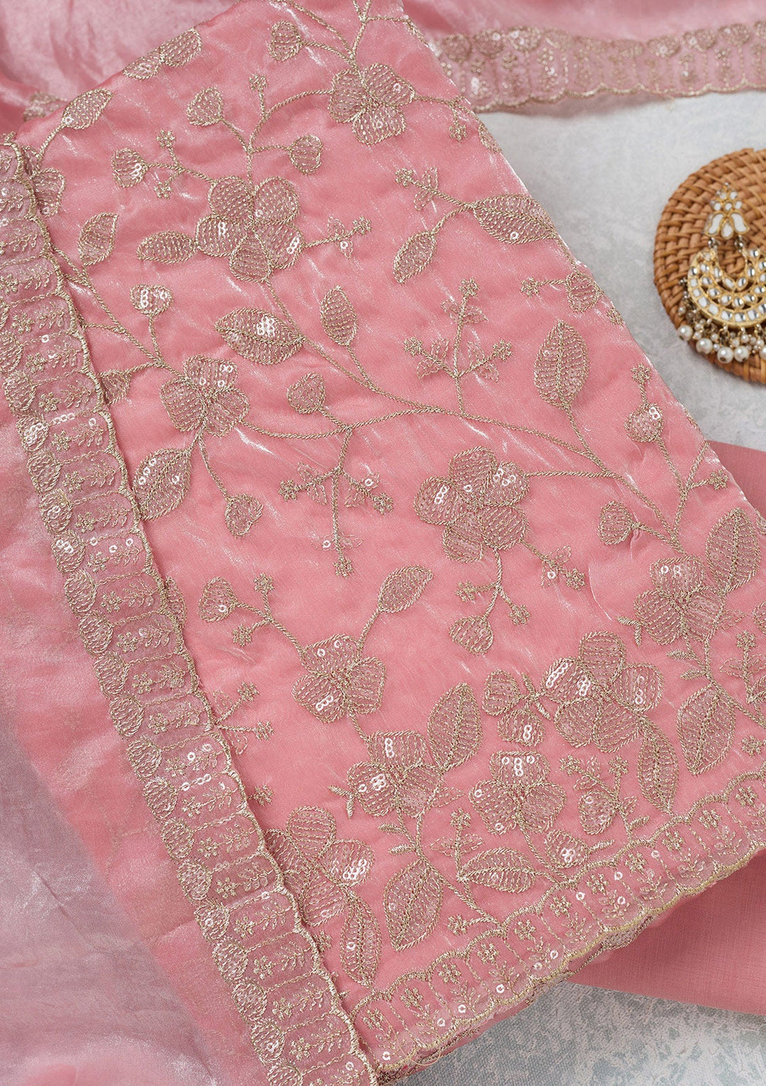 Pink Sequins Semi Crepe Unstitched Salwar Suit-Koskii