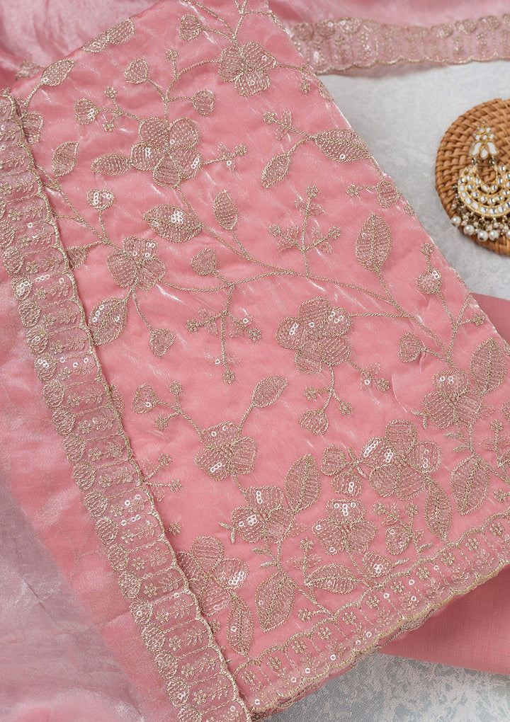 Pink Sequins Semi Crepe Unstitched Salwar Suit-Koskii