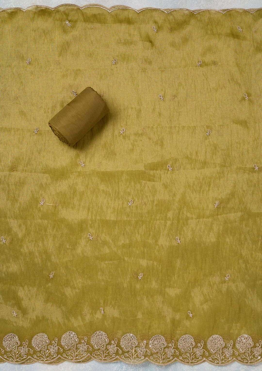 Green Zariwork (Gold) Tissue Unstitched Salwar Suit-koskii