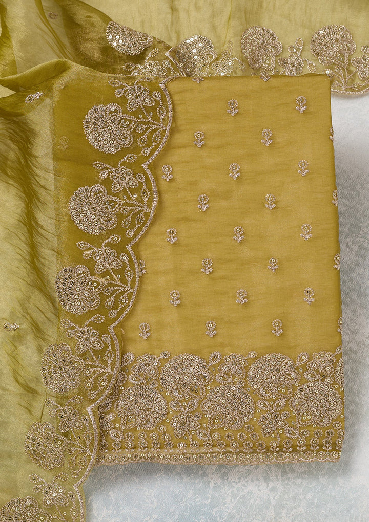 Green Zariwork (Gold) Tissue Unstitched Salwar Suit-koskii