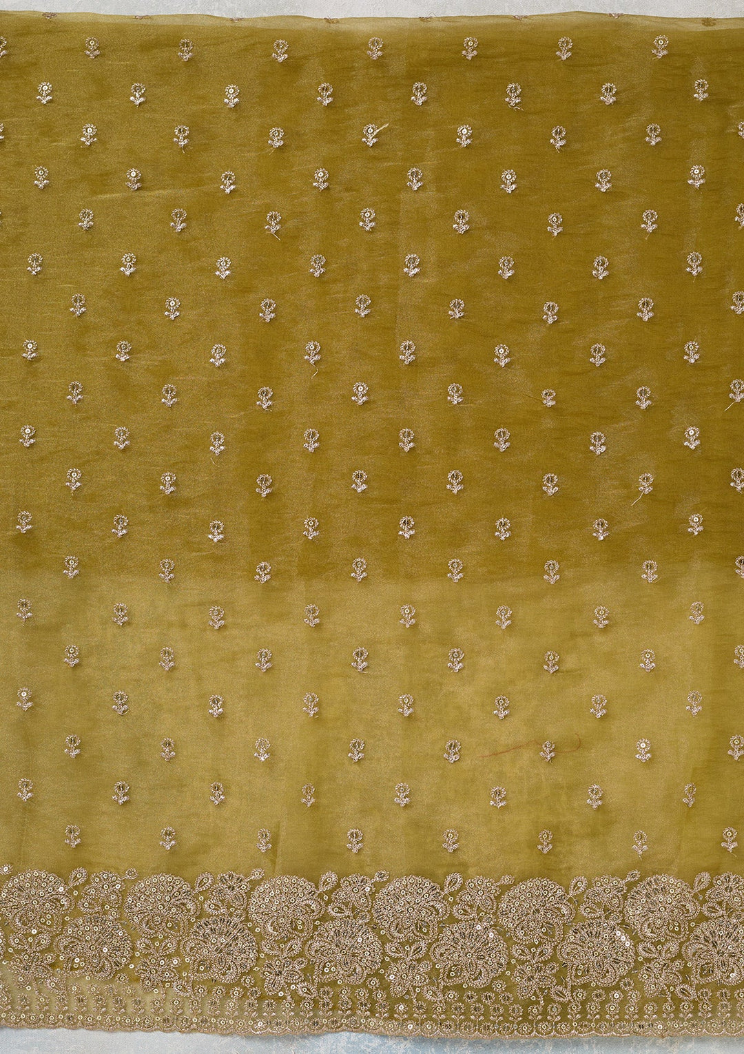 Green Zariwork (Gold) Tissue Unstitched Salwar Suit-koskii