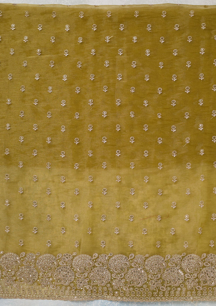 Green Zariwork (Gold) Tissue Unstitched Salwar Suit-koskii