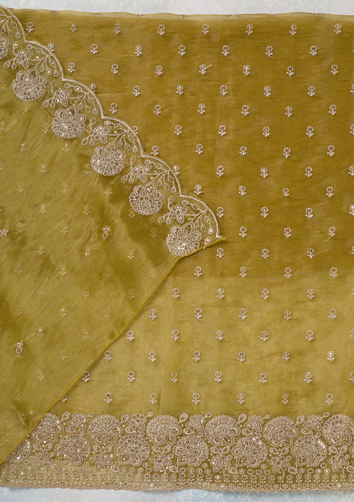 Green Zariwork (Gold) Tissue Unstitched Salwar Suit-koskii