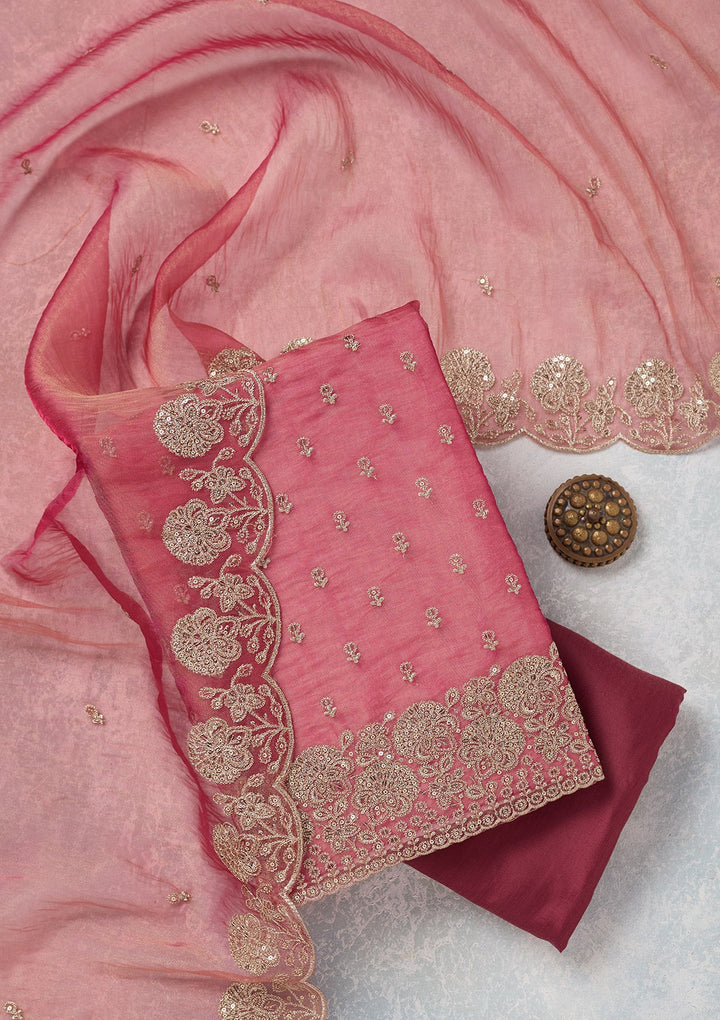 Pink Zariwork (Gold) Tissue Unstitched Salwar Suit-koskii