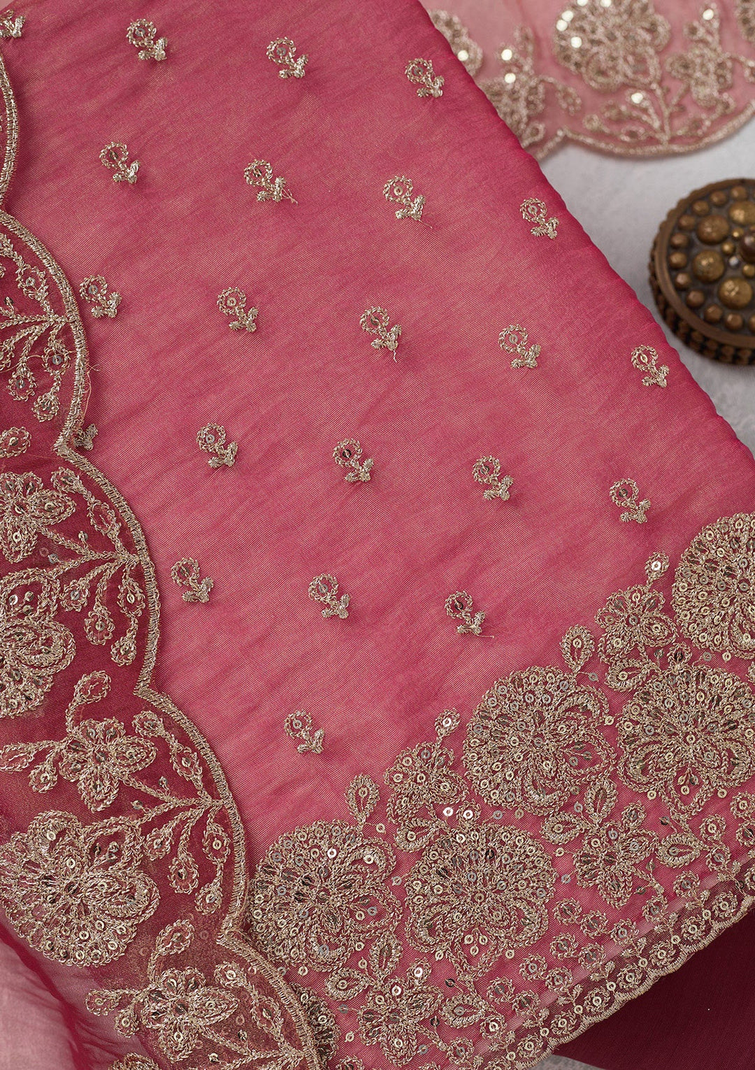Pink Zariwork (Gold) Tissue Unstitched Salwar Suit-koskii